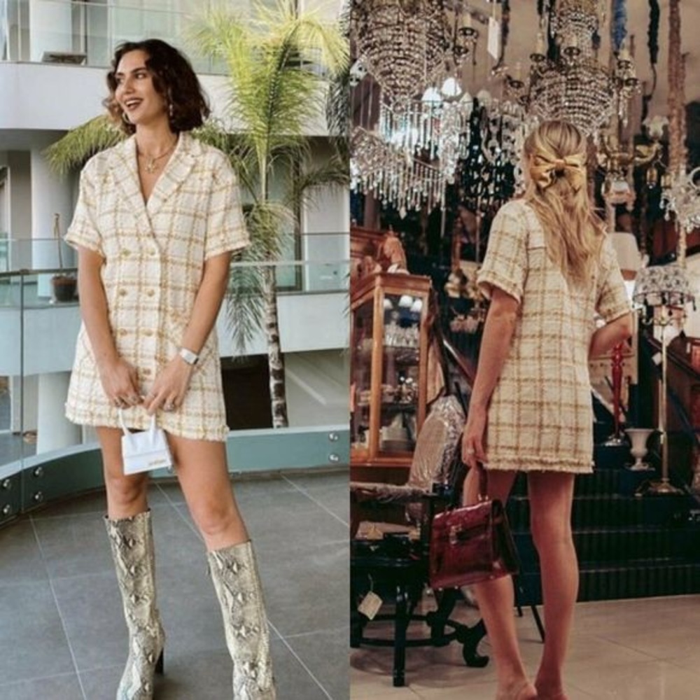 ZARA Tweed Gold Button Retro Mini Dress | Sz M